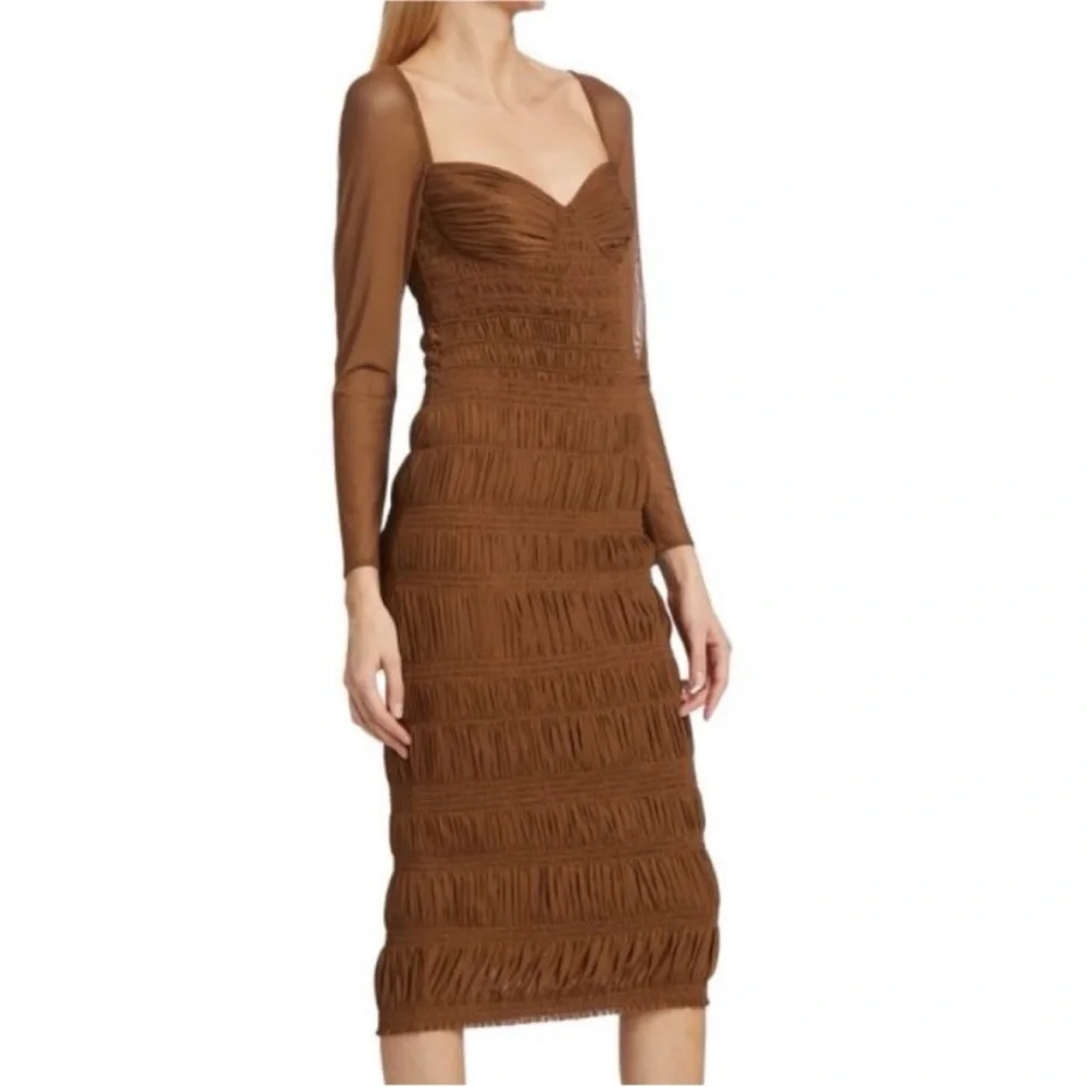 Self Portrait Midi Dress Shirred Mesh Long Sleeve Ruched Chocolate Brown Size 6 - Picture 10 of 13